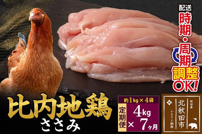 《定期便7ヶ月》 比内地鶏 ささみ 4kg（1kg×4袋）×7回 計28kg 時期選べる お届け周期調整可能 7か月 7ヵ月 7カ月 7ケ月 28キロ 国産 冷凍 鶏肉 鳥肉 とり肉 ササミ|jaat-060907