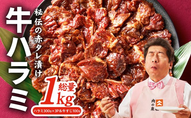 G4679 牛ハラミ肉 1kg（ハラミ 300g×3P＆牛すじ 100g）【泉州元気ハラミ 秘伝の赤タレ 牛肉 はらみ 小分け 焼肉 訳あり ワケアリ わけあり サイズ不揃い TVで話題】
