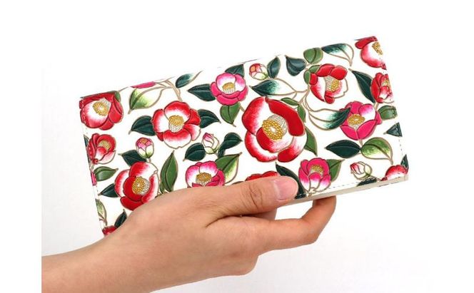 【文庫屋大関】束入れ 椿【皮革工芸品】 財布 お札 お札入れ 長財布 カード 小銭 牛革 手作り 日本製 墨田区 東京都