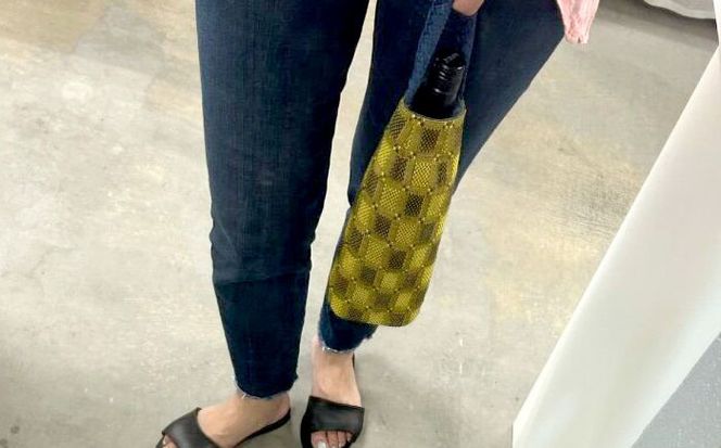 ヤシラミ花織 ワインバッグ 格子モダン (水色・黄焦茶織物) ボトルバッグ ワインケース ワインクーラー 保冷 おしゃれ 沖縄市 / FABRIC SHOP MINAMI[BCCS003-01]