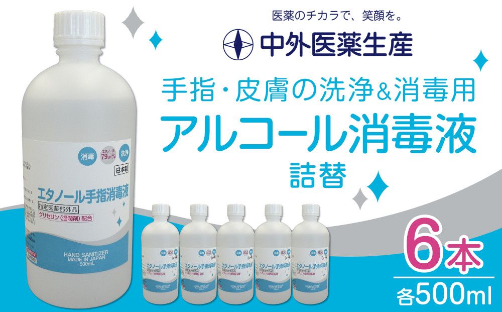 手指・皮膚の洗浄・消毒用 アルコール消毒液 500ml×6本(詰替) 242161