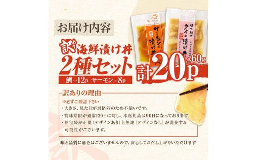 訳あり 海鮮漬け丼 タイ12P・サーモン8Pセット 1袋60g 真鯛 タイ サーモン 詰め合わせ お茶漬け 醤油 漬け 食べ比べ おつまみ 惣菜 鯛茶漬け 魚介類 海鮮【企業組合　宇佐もん工房】 [BQAB038]