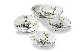 九⾕焼 4.6号 ⼩鉢揃 色絵⽠文 銀泉窯 a01 ⼯芸品