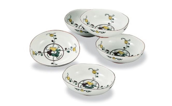 九⾕焼 4.6号 ⼩鉢揃 色絵⽠文 銀泉窯 a01 ⼯芸品