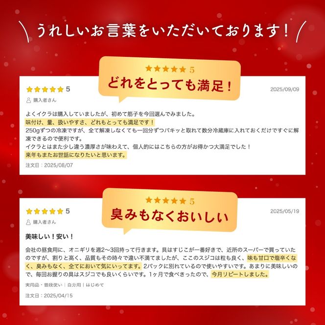 【年内配送　年内発送　北海道】すじこ 訳あり 北海道 紅鮭 筋子 醤油 漬け 500g (250g×2個入） 加藤水産 ひとくちカット 不揃い 小分け 海鮮 海産物 魚介類 魚卵 鮭 いくら イクラ 訳アリ   おせち R002-004