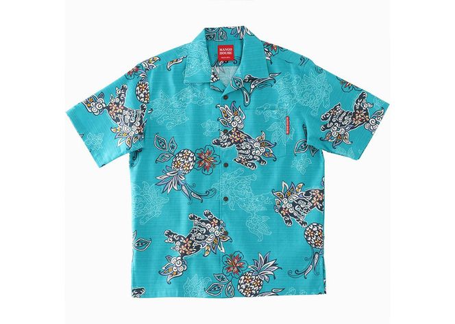 【かりゆしウェア】メンズ いちゃりばシーサーパインLサイズ×ライトブルー