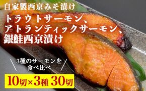トラウトサーモン西京漬け、アトランティックサーモン西京漬け、銀鮭西京漬け、各10切セット ※北海道・沖縄・離島への配送不可