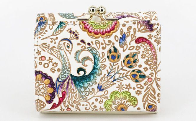 【文庫屋大関】三つ折りミニ財布　孔雀【皮革工芸品】 ファッション 小物 民芸品 お札 カード 小銭 手のひらサイズ コンパクト 大人かわいい 牛革 手作り 国産 