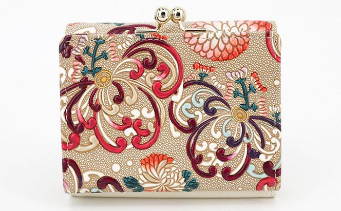 【文庫屋大関】三つ折りミニ財布　乱菊（赤紫）【皮革工芸品】 ファッション 小物 民芸品 お札 カード 小銭 手のひらサイズ コンパクト 大人かわいい 牛革 手作り 国産 