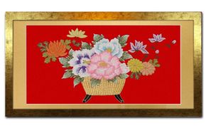 額装用 日本刺繍 「花かご」台生地「赤」×額装「ゴールド」 刺繍 伝統工芸 愛西市 / 百武打敷店[AEBR010]