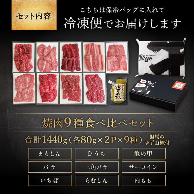 神戸牛 焼肉 食べ比べ 9種 計1440g(各80g×2パック×9種) ゆず山椒付き