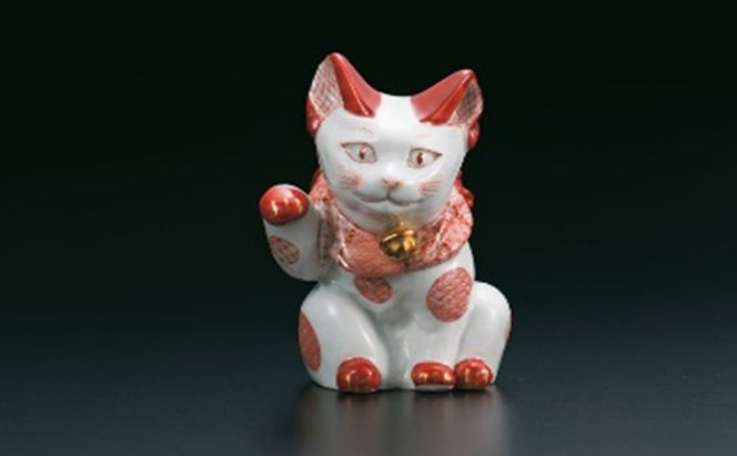 九谷焼　4号招き猫　赤絵細描丸紋　福島礼子作 a05 工芸品 