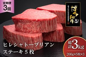 肉 博多和牛 ヒレ シャトーブリアンステーキ 200g 5枚 計 1kg 3回 定期便 総計 3kg [久田精肉店 福岡県 宇美町 um40bsi440012] 牛 牛肉 ヒレシャトーブリアンステーキ ステーキ 和牛 ソース ソース付き 冷凍