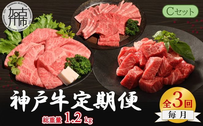 神戸牛定期便 C 【全3回】《 肉 牛肉 神戸牛 肩ロース スライス肉 すき焼き 焼肉 ステーキ 計1.2kg 定期便 冷凍 》【2507A16919】