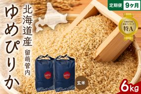 お米 9ヵ月定期便 北海道 留萌管内産 ゆめぴりか 玄米 6kg(3kg×2袋) R004-121