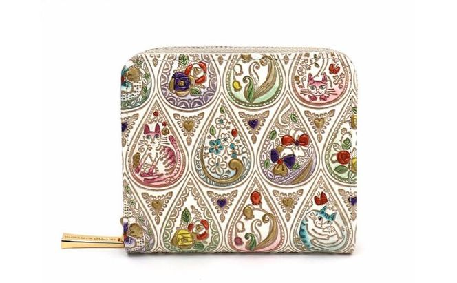 【文庫屋大関】二つ折りファスナーミニ財布 花と猫＜ミックス＞【皮革工芸品】財布 二つ折り 小物 お札 カード 小銭 コンパクト 牛革 手作り 日本製 墨田区 東京都