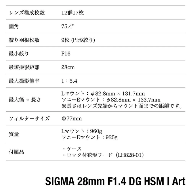 SIGMA 28mm F1.4 DG HSM | Art【ソニーEマウント】カメラ　レンズ