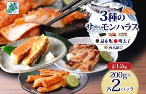 010B1808 サーモンハラス 3種 食べ比べ 200g 各2パック 昆布塩 明太子 西京漬け