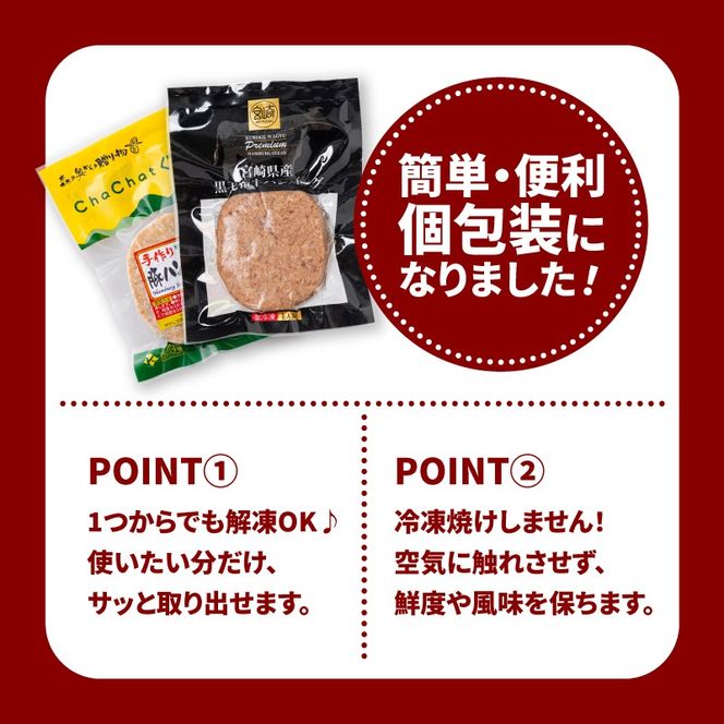 宮崎県産黒毛和牛100%ハンバーグ個包装(10個/冷凍)・ 宮崎県産ポークハンバーグ個包装(10個/冷凍) K16_0157