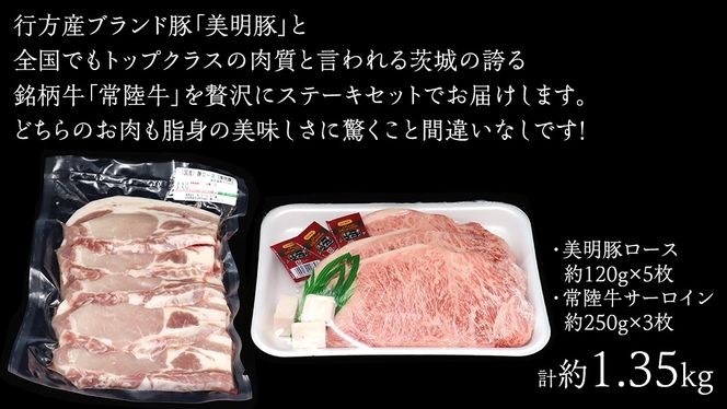 美明豚 × 常陸牛 最高の ステーキセット 約 1.35kg （美明豚ロース 120g ×5枚+常陸牛サーロイン 250g ×3枚）（茨城県共通返礼品：行方市） びめいとん ビメイトン ブランド豚 銘柄豚 豚 豚肉 ブタロース 肉 もも 黒毛和牛 牛肉 ひたち牛 ブランド牛 [EQ020us]