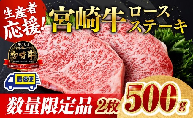 ※最速便※ 生産者応援！宮崎牛ロースステーキ2枚　計500g 肉 牛肉 宮崎県産 黒毛和牛 [C00604 C00608]