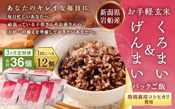 【令和7年産米】【3ヶ月定期便】【お手軽玄米】くろまい＆げんまい パックご飯150g 12個入り×3ヶ月（特別栽培コシヒカリを使用） 1039027｜玄米 黒米 アントシアニン 健康志向 便利 簡単 毎月届く