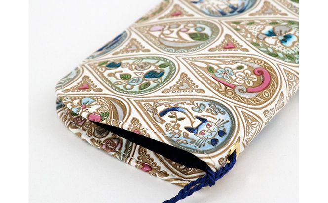 【文庫屋大関】メガネケース　花と猫＜インディゴ＞【皮革工芸品】 ファッション小物 民芸品 