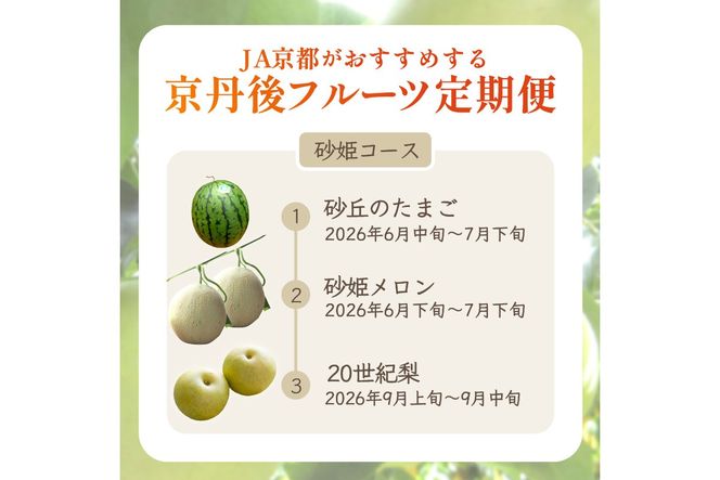 JA京都がおすすめする京丹後フルーツ定期便～砂姫コース～（2026年6月中旬～発送） 京のブランド産品 メロン めろん 梨 なし ナシ スイカ 西瓜 すいか 国産 砂丘 甘い 高糖度 高級 期間限定 ふるさと納税 フルーツ 先行予約 お取り寄せ 農協　JK00041