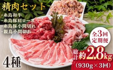 [全3回定期便]牛肉 豚肉 鶏肉 日常使いの精肉セット 930g 2〜3人前 4種[糸島][糸島ミートデリ工房] 