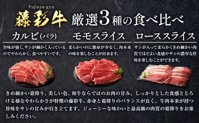 肉 藤彩牛 厳選3種の食べ比べ カルビ バラ モモスライス ローススライス 計 600g 各 200g 道の駅竜北《30日以内に出荷予定(土日祝除く)》 熊本県 氷川町 肉 牛肉 バラ カルビ 焼肉 ロース スライス モモ 黒毛和牛 ふるさと納税 A4～A5等級 切り落とし---sh_fyeaybmr_r7_30d_35000_600g---