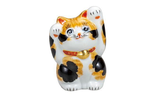九谷焼　4号両手上げ招き猫　毛長三毛　a05 