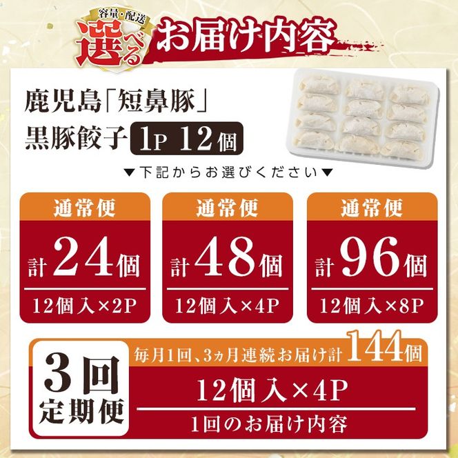 ＜容量・配送が選べる＞鹿児島黒豚「短鼻豚」無添加餃子 1パック 12個入 (24個・48個・96個・3回定期便)【鹿児島ますや】姶良市 ギョーザ 餃子 無添加 惣菜 おかず おつまみ 冷凍 黒豚 国産野菜 ぎょうざ a441 a442 a880 a1112