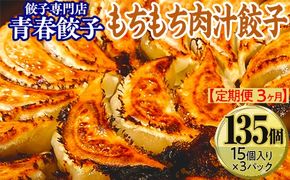 【定期便3ヶ月】餃子専門店青春餃子 もちもち肉汁餃子15個入り×3パック（計135個）