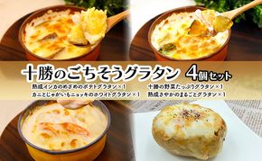 十勝のごちそうグラタン 4個セット（インカ・野菜・カニとじゃがいも・熟成さやか 各1個）【 グラタン 惣菜 おかず 野菜 じゃがいも いも 芋 カニ かに 蟹 冷凍 簡単調理 北海道 十勝 幕別 】