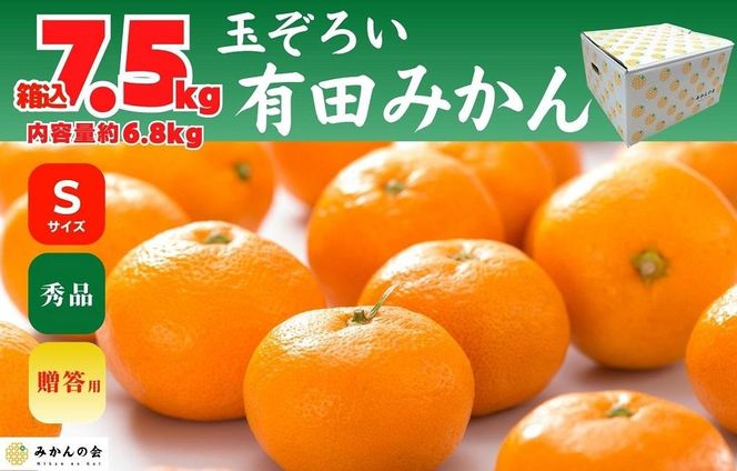 みかん Ｓサイズ 秀品 箱込 7.5kg (内容量約 6.8kg) 有田みかん 和歌山県産 産地直送 贈答用 【みかんの会】 AX207