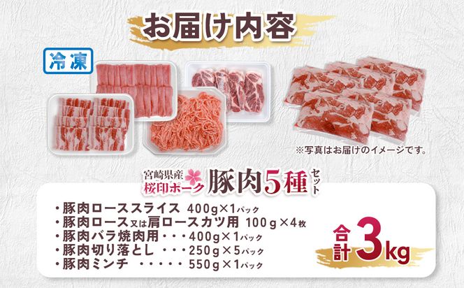 宮崎県産 豚肉 桜印ポーク5種セット (ローススライス / ロースまたは肩ロースカツ / バラ焼肉 / 切り落とし / ミンチ) 合計3kg 小分け 冷凍 国産 送料無料 九州産 肉 お肉 豚 詰め合わせ