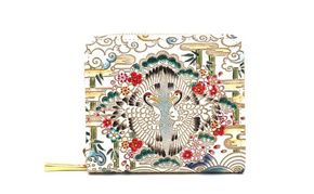 【文庫屋大関】二つ折りファスナーミニ財布 むかい鶴【皮革工芸品】財布 二つ折り 小物 お札 カード 小銭 コンパクト 牛革 手作り 日本製 墨田区 東京都