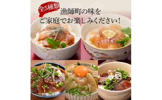 【12回定期便】訳あり土佐の海鮮漬け丼（5種×各1袋）セット 漬け丼の素 タイ 鯛 ブリ 鰤 マグロ 鮪 イカ カツオ 鰹 たたき 新鮮 魚 おかず おつまみ 惣菜 小分け【企業組合　宇佐もん工房】 [BQAB013]