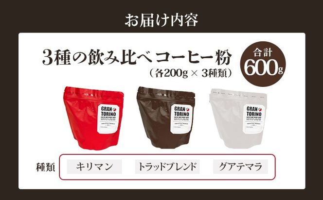 GRAN TORINO 200g×3種類 コーヒー 粉 キリマン トラッドブレンド グアテマラ 3種 飲み比べ セット 計600g 自家焙煎 珈琲 ドリンク 飲料 福岡県 福岡 九州 お取り寄せ