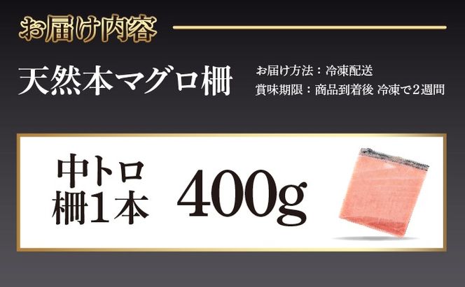 天然本まぐろ 《 中トロ 》  ４００ｇ お刺身用 天然まぐろ 天然マグロ まぐろ 鮪 刺身 お刺身 サク 柵 高知 室戸 冷凍 瞬間冷凍 小分け 便利 mgr