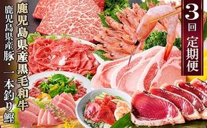 定期便(3ケ月配送)鹿児島県産黒毛和牛・豚肉・一本釣りかつお LL-6038 【1473524】