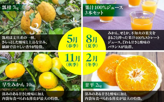  【年4回定期便】【愛媛県産】田縁農園の四季物語　春：瓢柑（7kg）、夏：果樹100%ストレートジュース（720ml×3本 / みかん、せとか、不知火）、秋：早生みかん（10kg）、冬：甘平（2kg） IKTA010
