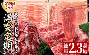 【定期便全3回】黒毛和牛・黒豚をお届け！＜黒毛和牛・黒豚 満喫定期コース＞計2.3kg超 t0042-008