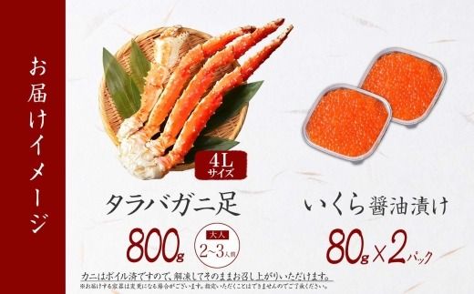 3092. タラバガニ足 4L 800g ＆ いくら80g×2個セット たらば 蟹 海鮮 イクラ 食べ方ガイド・専用ハサミ付 カニ かに 蟹 海鮮 送料無料 北海道 弟子屈町