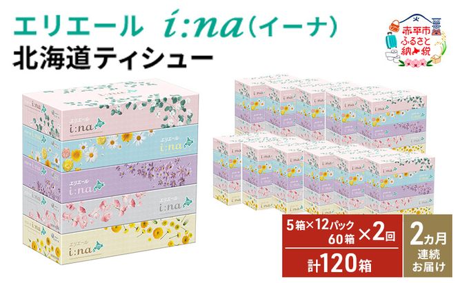 【2ヵ月連続お届け・計120箱】エリエール i:na (イーナ) 北海道 ティシュー 150組5箱 12パック ティッシュペーパー 箱ティッシュ まとめ買い 防災 常備品 備蓄品 消耗品 日用品 生活必需品 送料無料 赤平市
