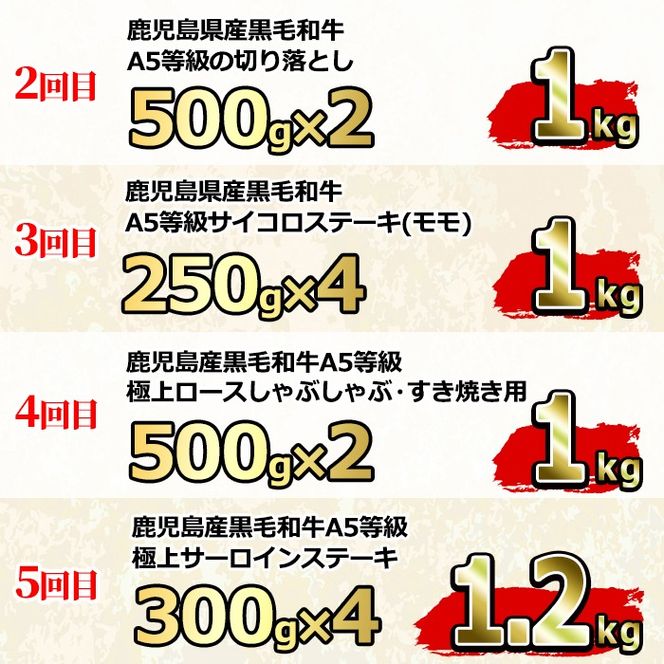 【2401710b】＜定期便・連続全5回＞鹿児島県産 黒毛和牛 A5等級 牛づくし定期便(5ヶ月連続・合計約5.2kg) 国産 牛肉 ロース モモ カルビ 切り落とし サーロインステーキ サイコロステーキ 定期便 鹿児島 焼肉 しゃぶしゃぶ すき焼き 【前田畜産たかしや】