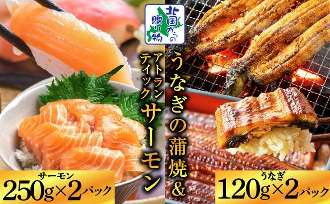 020C503 【食べ比べ】五郎藤 国産 有頭旨鰻 120g×2尾 ＆ アトランティックサーモン 250g×2P【人気 食べ比べ 数量限定 丼 小分け 北国からの贈り物】