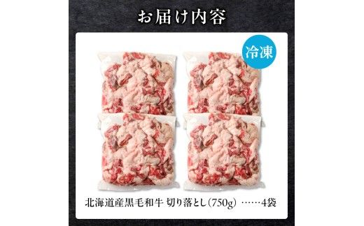 【訳あり】北海道産 黒毛和牛すじ切り落とし　750g×4袋｜北海道　国産　黒毛和牛　切り落とし　国産牛　お肉　牛肉　切落し　冷凍　小分け　パック　お取り寄せ　贅沢　おすすめ　送料無料　滝川市
