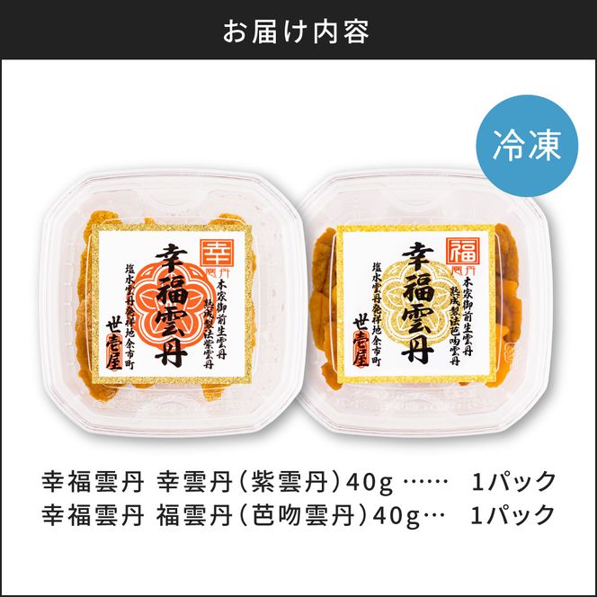 幸福雲丹80gセット(ムラサキ40g・バフン40g 北海道産) ムラサキウニ バフンウニ 食べ比べ 北海道産 無添加 ミョウバン不使用 熨斗対応 生うに熟成製法_Y038-0161