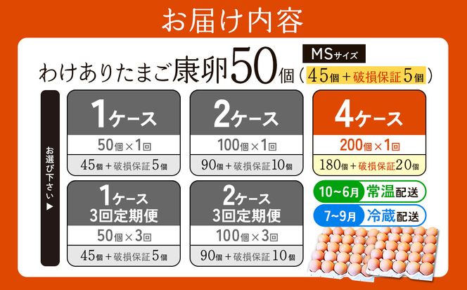 卵【わけあり】霧島山麓育ち こだわり卵 康卵 MSサイズ 計 50個 × 4ケース 計 200個（180個 + 割れ保証 20個）たまご 玉子 タマゴ 卵焼き 玉子焼き たまご焼き 生卵 鶏卵 平飼い 放し飼い たまごかけごはん 国産 九州産 宮崎県産 送料無料